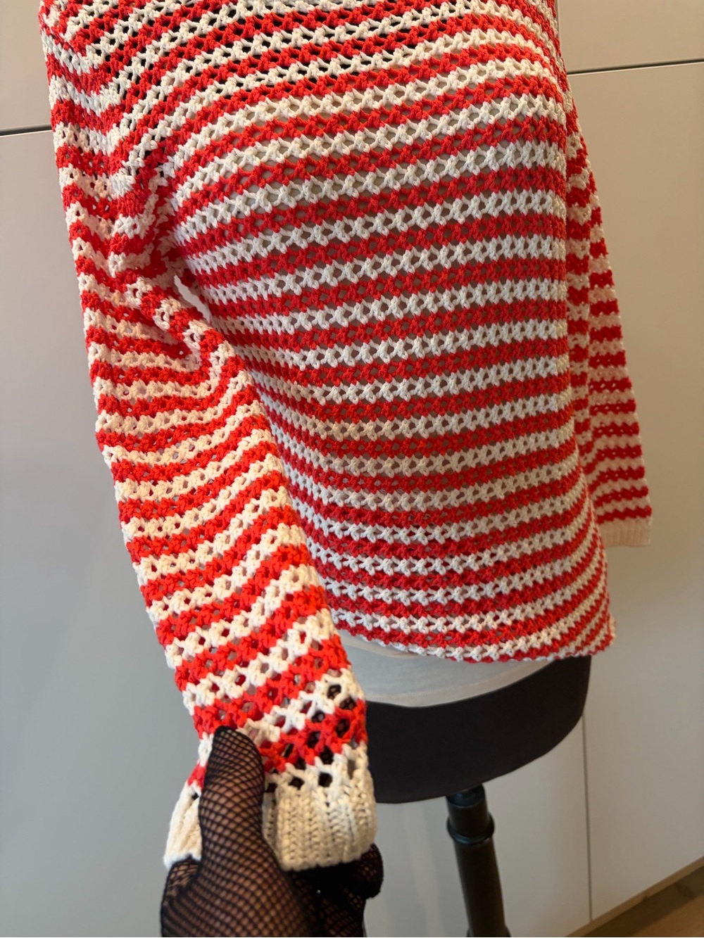 Joe Fresh Red & White Striped Open Knit Sweater Cotton Blend Large L